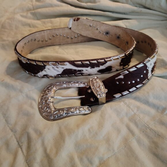 WOMEN'S WESTERN CRYSTAL RHINESTONE Genuine FUR LEATHER BELT - Size Small - Picture 3 of 4